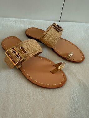 BAMBOO Tan Raffia Buckle Toe-Ring Slide Sandals